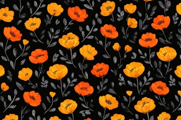 Watercolor floral arrangement with vibrant orange and yellow blossoms with muted grey foliage