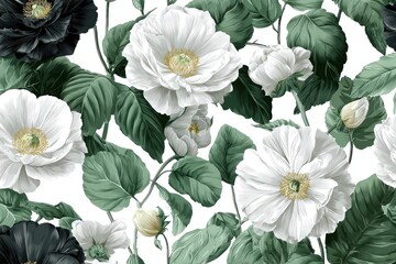 Floral pattern with white and black blooms among green leaves, set against a clean white backdrop