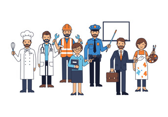 Diverse group of professionals in various occupations standing together in a collaborative environment from a straightforward viewpoint