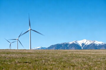 Wind turbines in grassy field with snowcapped mountains