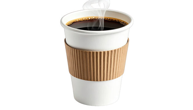 A steaming cup of dark coffee sits in a white paper container