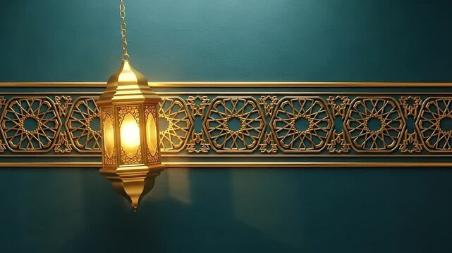 Ramadan Kareem Golden Lantern with Intricate Islamic Pattern on Teal Wall.
