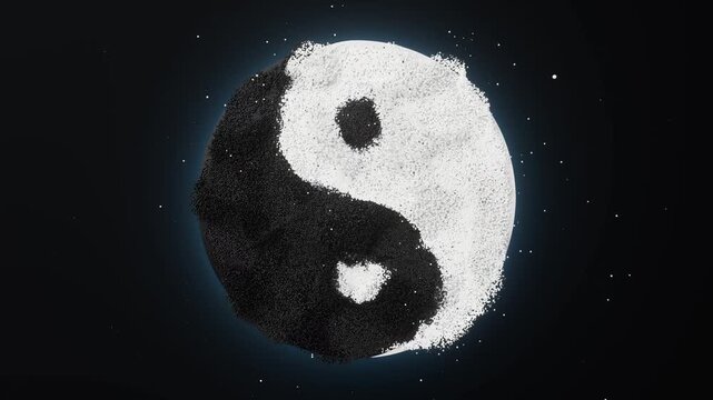 Abstract yin yang symbol created with moving particles and glowing elements on dark background
