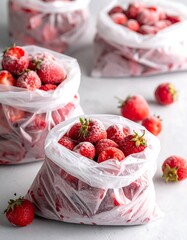 Frozen strawberries fill clear plastic bags atop a bright white surface, some berries scattered