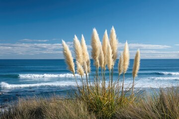 Close-up of feathery plants with ocean waves and blue sky backdrop
