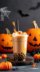 Halloween-themed boba drink with pumpkins, spiderwebs, and bats against a dark background on a wooden board
