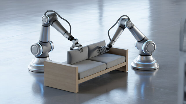 Two industrial robotic arms precisely assemble a modern upholstered two-seater sofa on a smooth, reflective factory floor environment.