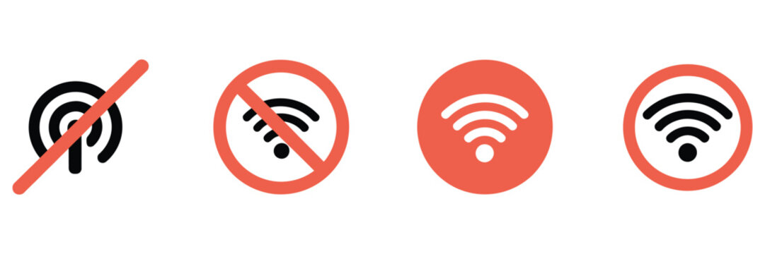 No wifi vector icon set, ban wireless connection, stop internet signal, flat design symbol.