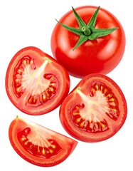Grouping of fresh red tomatoes; whole, halved, and sliced, against a white backdrop displaying the vibrant flesh and seeds