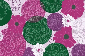 Floral abstract art featuring textured circles and flowers in varying shades of pink and green