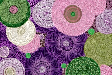 Abstract floral design in various colors with textured details and a spotted background