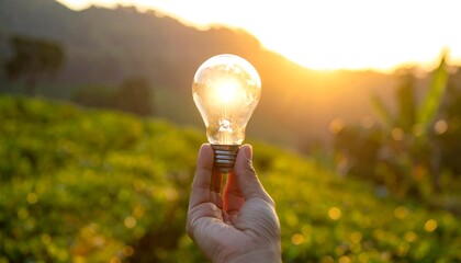 Hand holds lightbulb; golden sun shines within & behind over green field