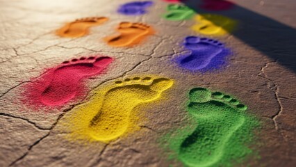Naklejka premium Close-up of colorful footprints on cracked earth with vibrant colors and sunlight