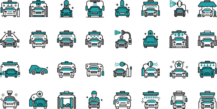 Professional car wash and auto detailing icon set featuring automatic tunnels, pressure washing, waxing, and vehicle maintenance services for automotive industry vector designs.