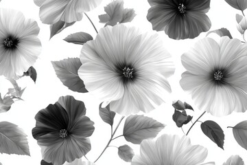 Black and white floral pattern featuring large blossoms and leaves on a plain background