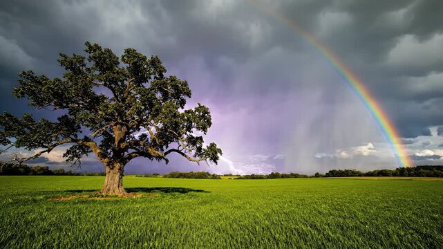 Lone tree in a vibrant green field under a stormy sky with lightning, rain, and a rainbow