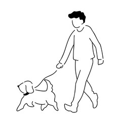 犬と散歩中の男性の線画イラスト