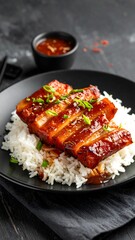 Glazed pork ribs elegantly stacked on fluffy white rice, served on a black plate with vibrant garnish