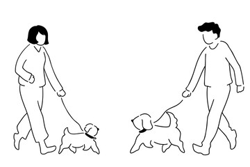 犬と散歩する人々の線画イラスト