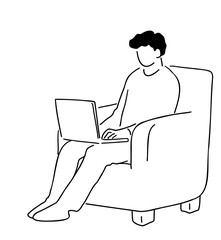 ソファに座ってパソコンをする男性の線画イラスト