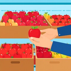 Hands select a red apple from a store display case filled with piles of red, yellow, and orange apples