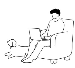 ソファに座ってパソコンをする男性のそばに犬が座る線画イラスト