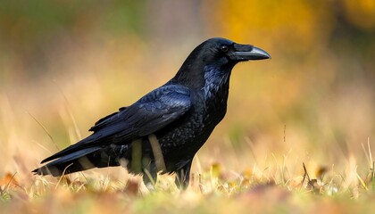Glossy black raven standing on sunlit autumn grass, bathed in soft, bokeh light with blurred warm foliage background