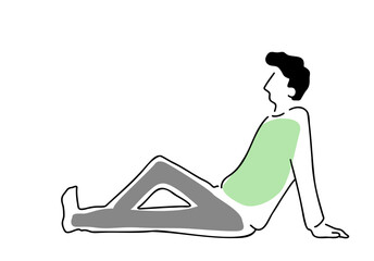リラックスして座っている男性の線画イラスト　色付き