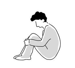 膝を抱える男性の線画イラスト