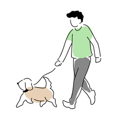 犬と散歩中の男性の線画イラスト　色付き