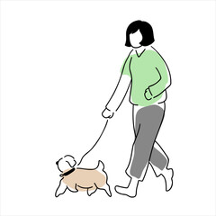 犬と散歩中の女性の線画イラスト　色付き