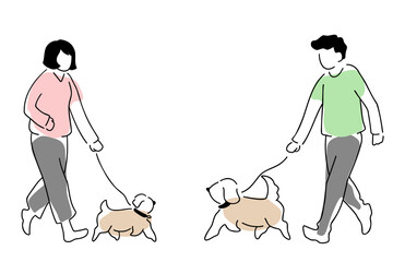 犬と散歩する人々の線画イラスト　色付き