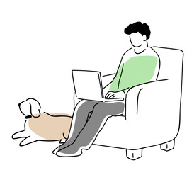 ソファに座ってパソコンをする男性のそばに犬が座る線画イラスト　色付き