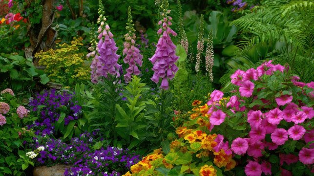 The English country garden is ablaze with colorful flowers, such as foxgloves, petunias, and lavender. The towering, purple, cone-shaped foxgloves stand out prominently among the vibrant blooms.