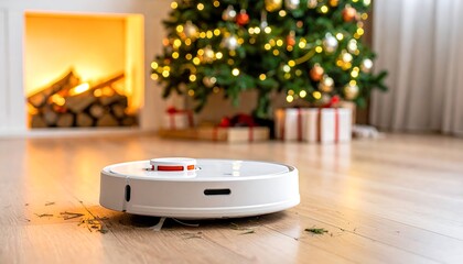 Homey scene robot vacuum cleans wood floor before fireplace & Christmas tree