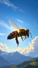 Honeybee in flight against a mountain backdrop, vibrant sky and scattered clouds, creating a serene pastoral view