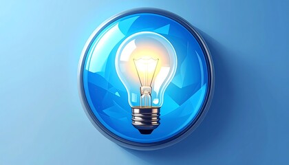 Illuminated lightbulb on blue. Light radiates, encased in translucent blue circle. Shiny, bright, three-dimensional aesthetic