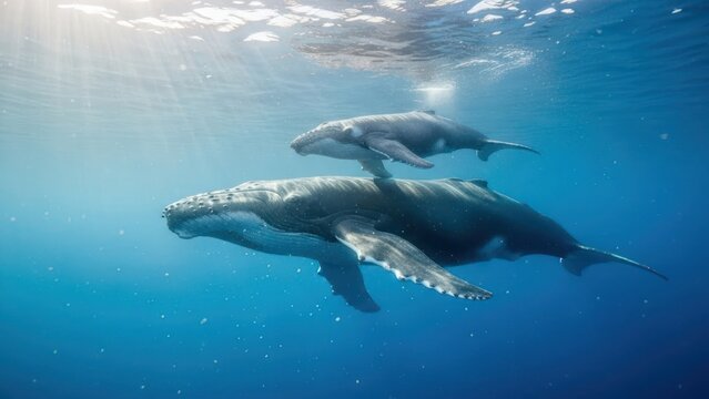 Three humpback whales swim together underwater in a sunny ocean with clear blue water.