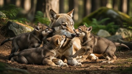 Obraz premium A mother wolf and her adorable cubs play and cuddle together in a serene forest setting with warm,