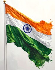 Indian flag, vibrant colors ripple in the wind with artistic brushstroke effects, set against a clean, bright background