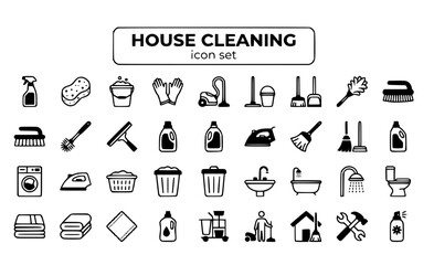 Fototapeta premium House Cleaning Service Housekeeping Maid Vacuum Mop Sanitize Home Maintenance Hygiene Domestic Janitorial Tidy Clean Vector Icon Set - Cleaning Service