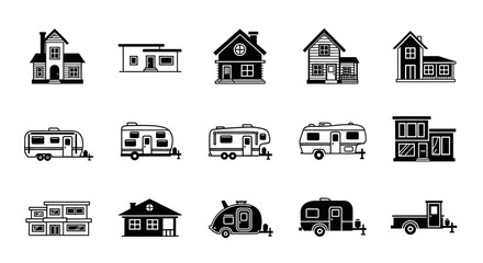Fototapeta premium Houses and RVs Black and White Icon Set