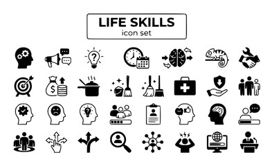 Life Skills Personal Development Communication Problem-Solving Time Management Critical Thinking Adaptability Essential Learning Growth Self-Improvement Vector Icon Set - Skill Development