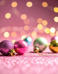 Festive arrangement with shiny ornaments on a pink glittery surface against a bokeh background