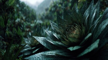 Fototapeta premium Large plant with thick leaves grows in dense green forest during early morning light
