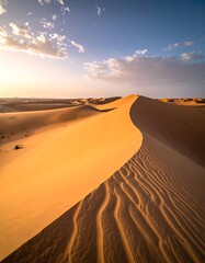 Golden sand dunes meet a blue sky with scattered clouds at sunset, creating warm desert vista, flowing textures