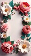 Floral frame with pink, coral, and white paper flowers and green leaves set against a soft pink background