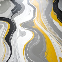Flowing abstract pattern with gray, white, black, and yellow hues creating a wavy, liquid-like effect