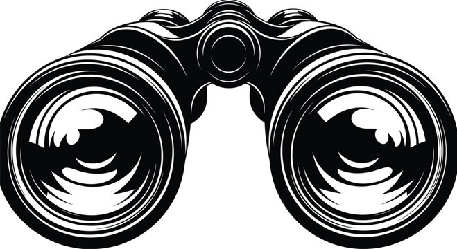 Black Vector Silhouette of Professional Field Binoculars Featuring a Sleek Design and Realistic Lens Detail Isolated on White Background,