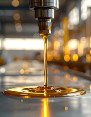 Fluid drips from a machine, creating a golden pool on a textured metal surface under blurred, bright lights